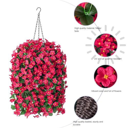 Artificial Fake Hanging Flowers Plants Baskets for Outdoor Outside Porch Decoration, Faux Silk Hotpink Realistic UV Resistant Orchid Long Vines in Planter for Spring Summer Home Patio Balcony - color: Hotpink