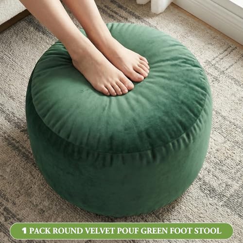 Yookeer Round Velvet Pouf Ottoman 20x12 Inch Green Foot Rest Stool Soft Floor Pouf for Living Room, Bedroom, Decorative Comfortable Home Furniture Accessory