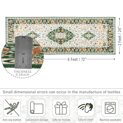 Amearea Vintage Design Runner Rugs for Living Room, 2x6 Machine Washable Floral Collection Traditional Bedroom Rug, Low Pile Cute Kids Room Print Carpet, No Slip Office Kitchen Home Decor, Green - color: Green, size: 2' X 6' (Runner)