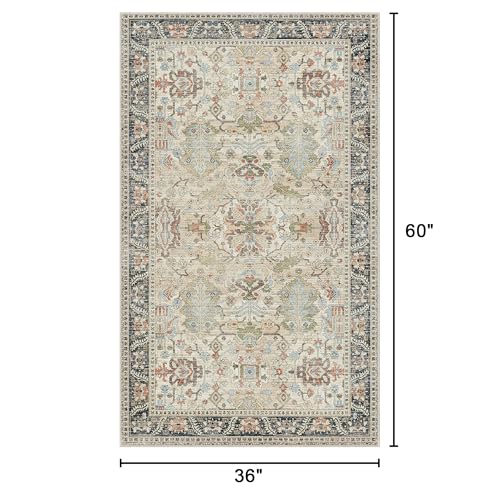 Bavni Area Rug 3x5, Non-Slip Washable Rugs for Living Room Office, Boho Distressed Printed Rug, Low Pile Foldable Decorative Carpet for Bedroom Kitchen Office, Ivory/Teal - color: Ivory/Teal, size: 3' x 5' (Rectangular)