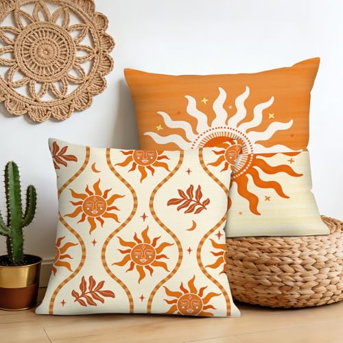 Bonhause Boho Southwestern Throw Pillow Covers 18x18 Inch Orange Aztec Ethnic Tribal Geometric Pattern Outdoor Decorative Polyester Linen Cushion Covers for Couch Sofa Bed Home Decor Set of 4 - color: Orange & Brown, size: 18" x 18" (Pack of 4)
