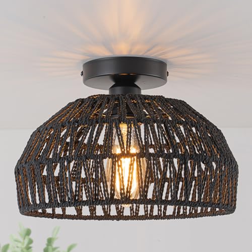 2 Packs Black Boho Light,Rattan Ceiling Lighting Fixtures Small Boho Lamp Shade Flush Mount Ceiling Light Hand Woven Chandelier for Entryway Bedroom Kitchen Nursery Lights - color: Black-Ceiling light (2 sets)