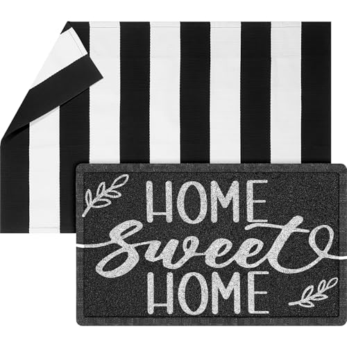 Geelin 2 Pcs 30'' x 18'' Doormat 43'' x 27.5'' Black and White Layered Rug for Front Door Mat Outside Entrance Welcome Door Mats for Indoor Outdoor Entryway Porch Decor(Stripe Home Sweet Home) - style: Stripe Home Sweet Home