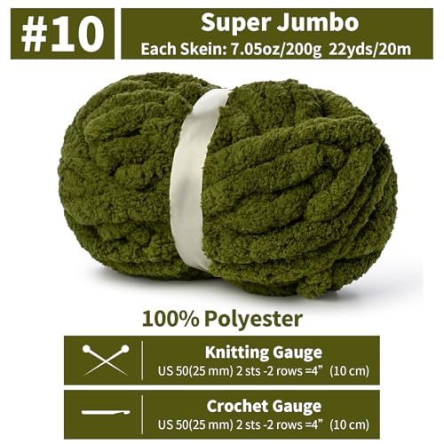 10 Pack Jumbo Chenille Yarn for Crocheting, #10 Super Bulky Baby Soft Yarn for Hand Knitting, 220 yds /70.5 oz Fluffy Chunky Knit Throw Blanket Yarn (Olive Green) - color: 10 Olive Green