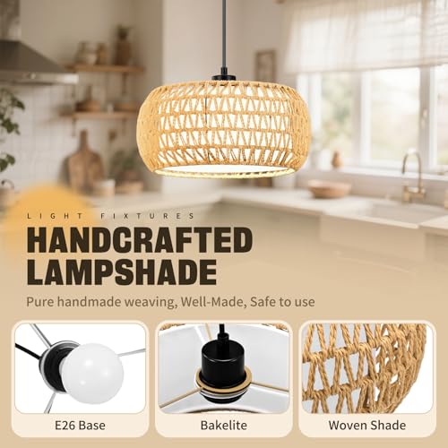 Pendant Lights, Plug in Pendant Light, Hanging Lamp, Boho Lamp, Woven Rattan Pendant Lamp Shade for Kitchen Island, Modern Farmhouse Chandelier Light Fixtures (Bohemian 1)