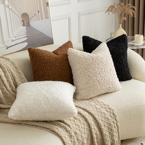 Pack of 2 Curly Teddy Wool Faux Fur Throw Pillow Covers Fuzzy Accent Soft Sherpa Pillowcases Sheepskin Fleece Decorative Cushion Case for Sofa Couch Living Room 20x20 Inch Black - color: Black, size: 20" x 20" (Pack of 2)