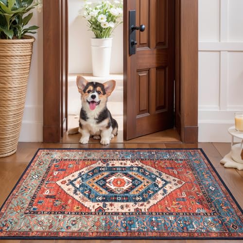 SERISSA Boho Rugs for Entryway, 2x3 Rust Entryway Rug Non-Slip Washable Small Area Rug, Ultra Soft Oriental Vintage Low-Pile Indoor Door Mat Floor Carpet for Entrance Bedroom Kitchen Bathroom - color: Rust/Multi, size: 2' x 3' (Rectangular)