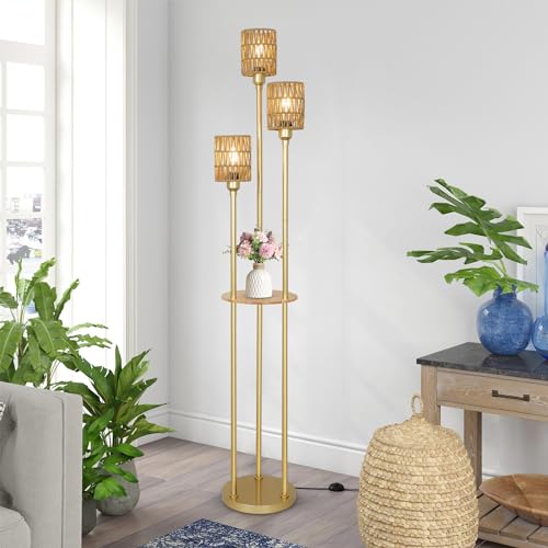 Boho Floor Lamp with Shelves, 3-Lights Farmhouse Tall Floor Lamp with ON/Off Foot Switch, Gold Modern Floor Lamps with Rattan Shades, Rustic Standing Lamp for Living Room, Bedroom, Office - style: Gold-Rattan Shade