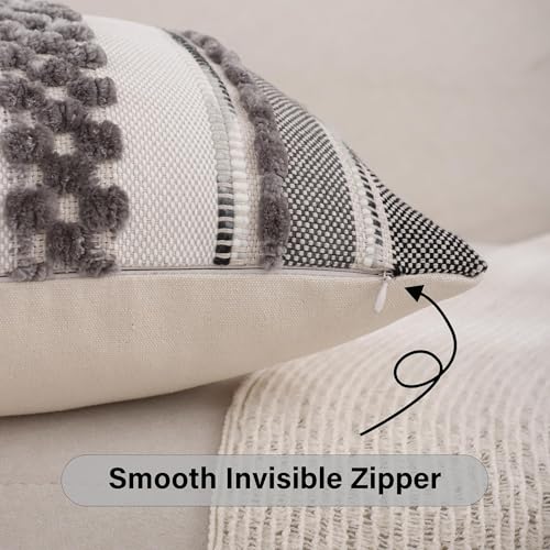 Grey Throw Pillow Covers 18x18 Set of 2 Boho Stripe Pillow Covers Tufted Decorative Pillow Case Accent Pillowcase Farmhouse Cushion Case Nuetral Textured Pillow Cover Spring Home Decor - color: Gray Stripe, size: 18" x 18" (Pack of 2)