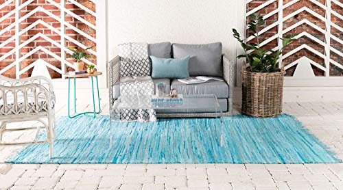 Unique Loom Chindi Cotton Collection Soft Hand Woven Natural Fiber Striped Area Rug, 2 ft 2 in x 3 ft, Turquoise/Ivory - color: Turquoise/Ivory, size: 2'2" x 3' (Rectangular)