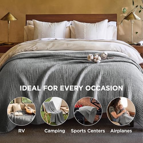 Bedsure 100% Cotton Muslin Blanket King Size for Bed - 4-Layer Breathable and Lightweight Thin Soft Summer Gauze Muslin Blanket for Adults, Grey, 108x90 Inches - color: 02 - Grey, size: King (108" X 90")