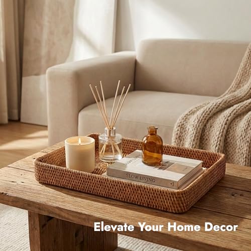 14.6" x 9.1" Large Wicker Storage Tray, Natural Rattan Basket Decorative Handwoven Rectangular Basket for Bread, Fruit, Toiletries,Towels & Home Organization (Natural M) - color: Natural M (14.6" × 9.1")