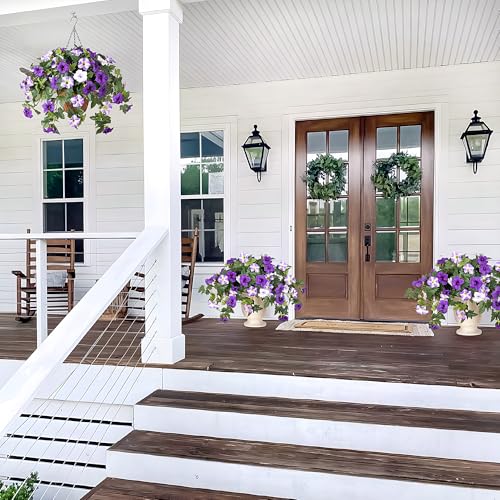 Ammyoo Artificial Hanging Fake Flowers with Basket Plants for Outdoor Decoration, Faux Silk Flower UV Resistant Morning Glory for Home Porch Patio Garden Balcony Yard Look Real (Purple White) - color: Purple White Basket, size: 3 Pcs with Basket