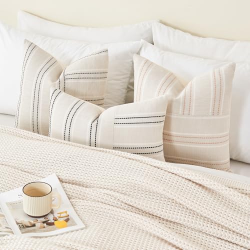 Throw Pillow Covers Set of 2 20x20 Inch Striped Pillow Covers, Soft Decorative Cotton Neutral Grey Textured Case for Couch Sofa Bed Living Room, Home Modern Farmhouse Cute Decor - color: Grey, size: 20" x 20" (Pack of 2)