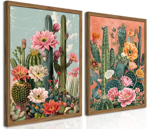 Framed Mexican Cactus Canvas Wall Art Set of 2, Vintage Desert Floral Wall Decor Paintings, Southwestern Boho Botanical Pictures Prints Aesthetic Home Decor for Living Room Bedroom Bathroom 12x16 inch - color: Colorful, size: 16L" x 12W"