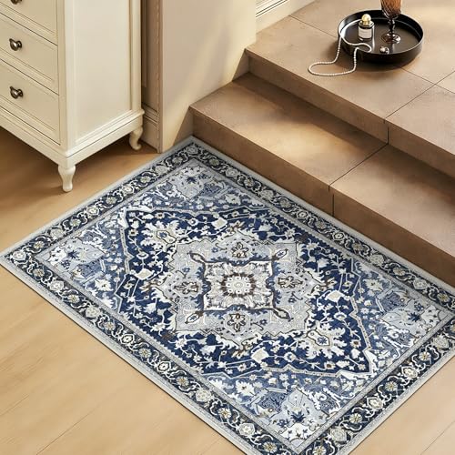 2x3 Blue Waterproof Entry Rug - Non-Slip Washable Mat Low Pile Boho Farmhouse Doormat for Bathroom, Kitchen, Entryway - Small Area Indoor Carpet, Vintage Modern Easy Clean Floor Mat, Navy Blue Multi - color: Navy Blue& Multi, size: 2' x 3' (Rectangular)