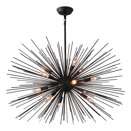 33.85" Black Sputnik Chandelier Vintage 12-Light Geometric Starburst Chandelier Light Fixture Large Solid Metal Black Sputnik Chandeliers for Dining Room, Kitchen, Bedroom, Living Room, E12 - color: Black 33.85" 12-Light