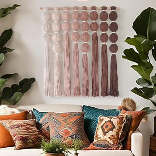 IOWER Macrame Wall Hanging Yarn Wall Art Boho Wall Decor Tassel Wall Decor for Bohemian Home Living Room Bedroom Backdrop 27" W x 31" L - color: Brown Red