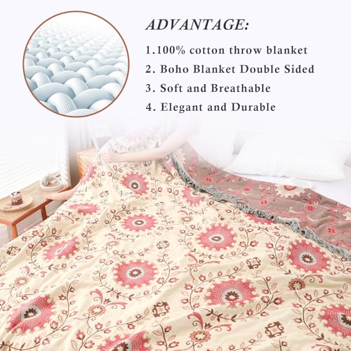 Snycler Boho Throw Blanket for Bed - 100% Cotton Ultra Soft Rustic Quilt - Pink Boho Floral Printed Farmhouse Decor Bed Blankets, 60"×80" All Season Rustic Throw for Sofa Couch Chair - color: Pink Boho Floral, size: 60"x80"