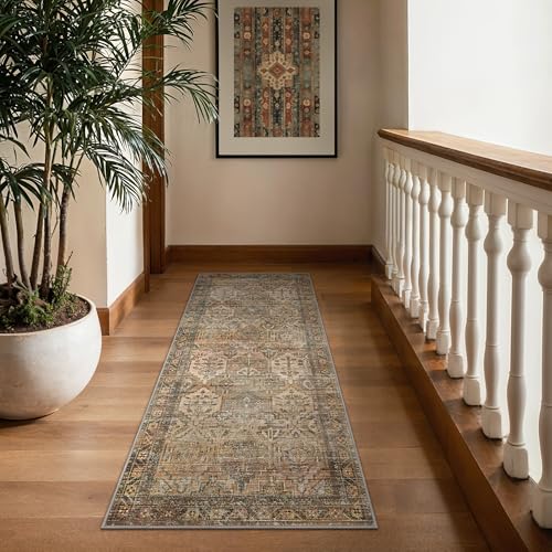 Bavni Kitchen Rug 2x5 Runner Rugs for Hallways Entryway, Washable Vintage Print Carpet, Ultra-Thin Chenille Low Pile Lightweight Rug with Non Slip Backing, Warm Taupe - color: Area Warm Taupe, size: 2' x 5' (Rectangular)