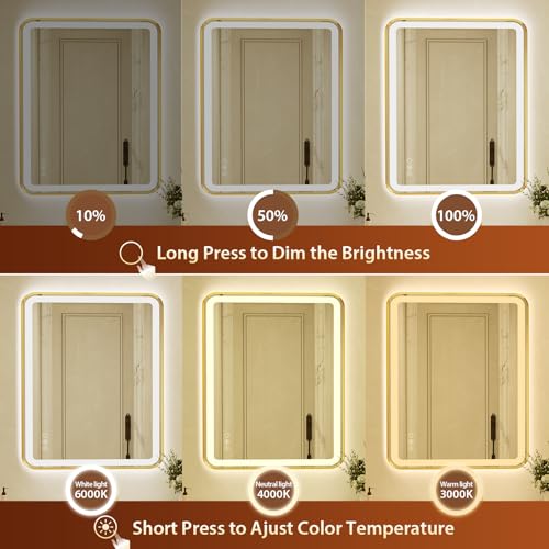 36x48 Inch LED Bathroom Mirror with Gold Frame,Front and Backlit Vanity Mirror, Stepless Dimmable Wall Mirrors with Anti-Fog, 3 Colors, Memory, Waterproof, LED Smart Bathroom Mirror - color: Gold, size: 36"L x 48"W