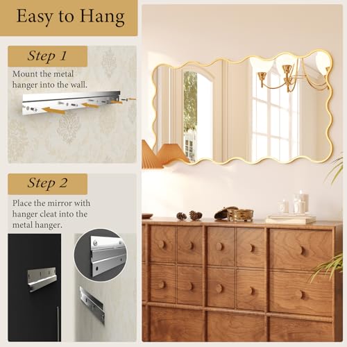 Kelly Miller 26x48 Inch Gold Scalloped Mirror, Large Rectangular Wavy Edge Bathroom Vanity Wall Mirror Decorative for Bedroom Living Room Entryway Fireplace Mantle - size: 48"L x 26"W