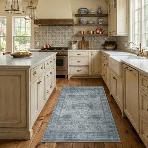 Homemate Washable Rug 3x5 Area Rugs - Vintage Faux Wool Rugs for Living Room Bedroom Dining Room - Non Slip Foldable Carpet Indoor Area Rug for Home Decor（3'x5', Blue - color: Blue, size: 3x5 ft