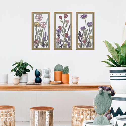 KAIRNE Neutral Floral Wooden Wall Art Set of 3,Framed Vintage Botanical Flower Decor,Minimalist Wildflower Wood Hanging Decor,Modern Farmhouse Decoration for Living Room Bedroom Office Kitchen,8X16 inch - color: Flower Wooden Wall Art, size: 8"L x 16"W