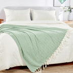 Herringbone Knitted Two Tone Throw Blankets with Braided Tassel Fringe, Boho Farmhouse Lightweight Turkish Throw Blanket for Couch Bed Sofa, Picnic, Yoga, Outdoor Blanket, 50 x 60 Inch, Green - color: Green
