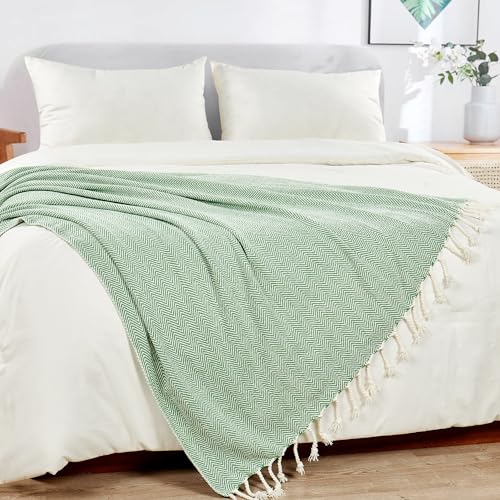 Herringbone Knitted Two Tone Throw Blankets with Braided Tassel Fringe, Boho Farmhouse Lightweight Turkish Throw Blanket for Couch Bed Sofa, Picnic, Yoga, Outdoor Blanket, 50 x 60 Inch, Green - color: Green