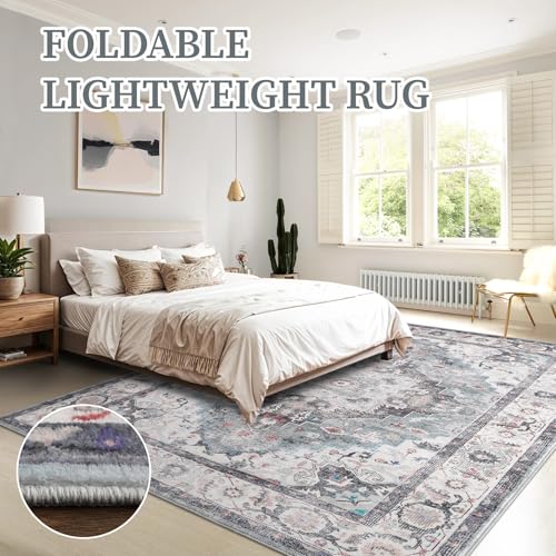 Area Rug 6x9 for Living Room - Mechine Washable Non-Slip Vintage Rugs for Bedroom - Low Pile Thin Large Floor Carpet for Dinning Room Home Office,Blue/Green - color: Blue/Green, size: 6' x 9' (Rectangular)