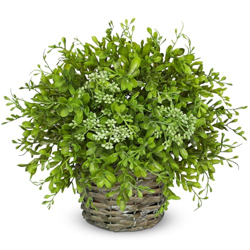 Hollyone Artificial Boxwood Plant in Woven Pot 9” Fake Potted Plants Topiary Boxwood Greenery Arrangement Centerpiece Faux Plants for Home Indoor Outdoor Farmhouse Office Desk Centerpiece Shelf Decor