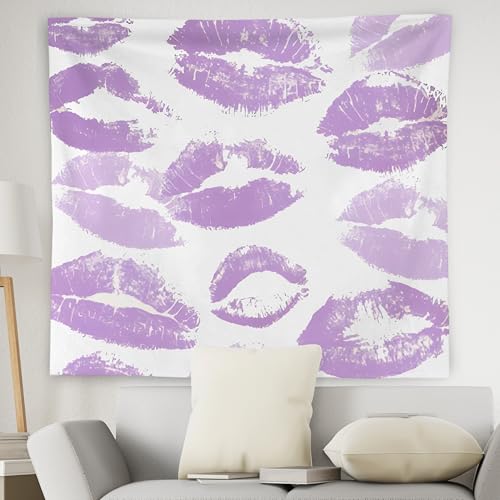 WNAGT Trendy Black and White Kiss Lips Tapestry Wall Hanging, Funky Makeup Wall Decor, Fashion Aesthetic Wall Blanket Decor for Girls Room College Dorm Makeup Room Beauty Room, 50x60 Inch - color: purple