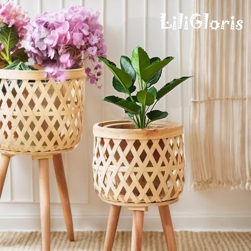 Boho Rattan Plant Stand Set of 2 – Handwoven Tall Elevated Wicker Plant Baskets for Indoor Plants, Mid-Century Modern Wooden Planter Holder with Tripod Legs, Farmhouse Home Decor - size: 2 pieces（S+M）