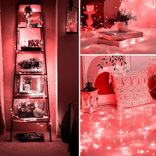 Fairy Lights 66ft 200 LED USB Twinkle String Lights Plug in Silver Wire Lights with Remote and Timer 8 Modes Outdoor Waterproof Starry Lights DIY Party Wedding Christmas Decoration（Red） - color: Red