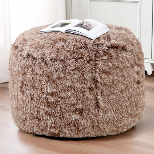 HIGOGOGO Round Stuffed Pouf Ottoman, Long Faux Fur Poufs with Foam Chunk Filling, Fluffy and Furry Pouf Foot Stool Storage Ottoman, 26 X 18 Floor Poufs Foot Rest for Living Room,Coffee - color: Brown, size: 26INCH