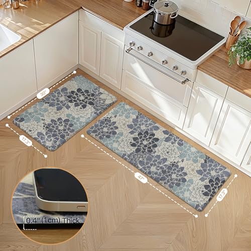 GENIMO Kitchen Mats for Floor, Kitchen Rugs Non Slip Washable Sets of 2, Waterproof Cushioned Anti Fatigue Mat, Floral Runner Rug for Laundry, Sink, Office, Home, 17.3"x47"+17.3"x30", NavyBlue - color: Navy Blue, size: 17.3"x47"+17.3"x30"