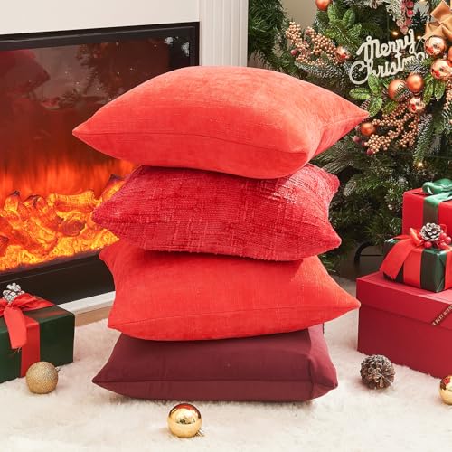 Pack of 4 Christmas Red Pillow Covers 18x18 Inch Chenille Throw Pillow Covers Solid Decorative Soft Xmas Cushion Covers Home Boho Textured Decor for Couch Sofa Bed Living Room - color: Red, size: 18" x 18" (Pack of 4)