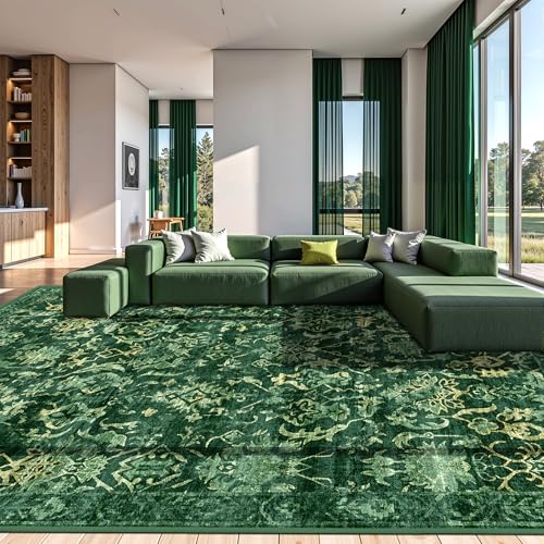 Deerly Dark Green Area Rugs 10x12 for Living Room Soft Non-Slip, Large Bedroom Rug Vintage Dining Room Rug Tribal Farmhouse Carpet for Dining Room Office Green - color: Dark Green, size: 10'x12'