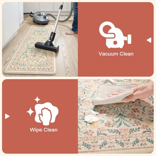Collive Anti Fatigue Mats for Kitchen Floor, Cushioned Spring Kitchen Mat Comfort Waterproof Padded Sink Rugs Non Slip, Boho Floral Standing Rug for Office, Home Decor, 17"x30"+17"x59", Pink - color: Pink, size: 17.3"x59"+17.3"x29"