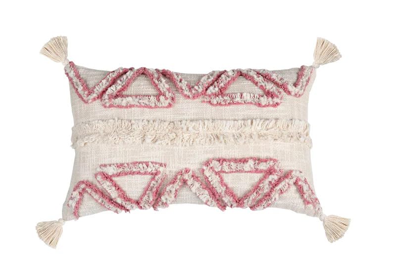 Boho Tufted Geometric Lumbar Throw Pillow Cover with Corner Tassels, Blush Pink Beige Fringe Decorative Rectangular Cushion Case for Sofa Couch Bed Living Room, Pillow Insert Not Included
