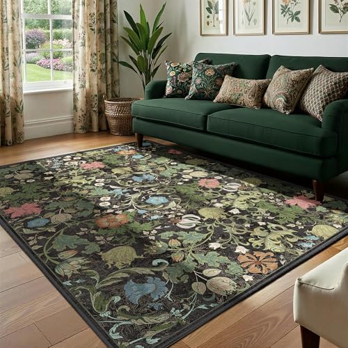 Deerly Washable Floral Area Rug 4x6 for Living Room, Vintage Farmhouse Botanical Rug, Non Slip Low Pile Thin Floor Decorative Soft Accent Rug for Bedroom Playroom Home Office Black Green - color: Black, size: 4'x6'