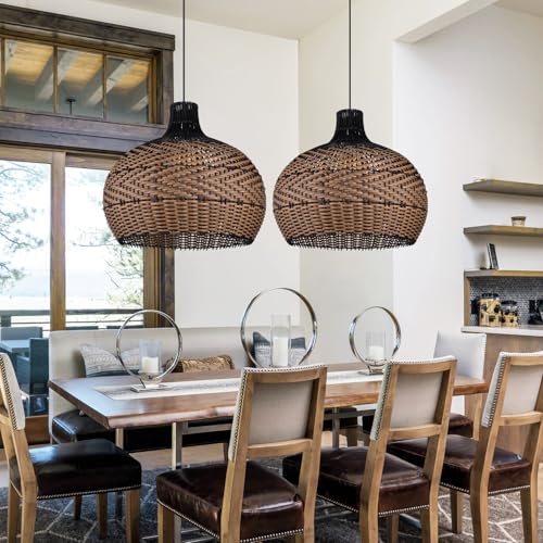 Arturesthome 1 Light Rattan Pendant Light Fixtures for Kitchen Island, 23.6" Wicker Chandelier, Handwoven Hanging Ceiling Lighting Lampshade for Dining Room Hallway Black - size: 23.6" x 21.6"