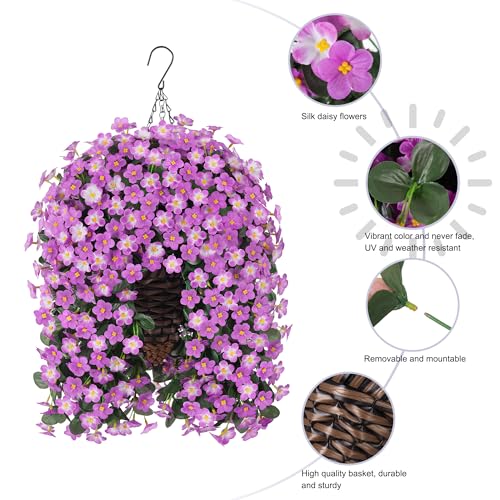 Artificial Hanging Daisy Flowers Plants Baskets for Outdoor Decoration, Fake Silk Light Fuchsia Mums Orchid Trailing Vines in Planter Realistic UV Resistant for Balcony Porch Decor - color: Fuchsia and Light Fuchsia