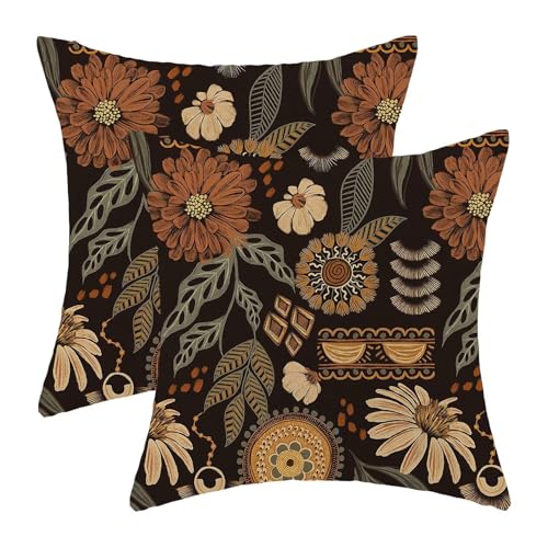 Boho Brown Plant Pillow Covers 20x20 Inch Set of 2, Boho Floral Outdoor Decorative Brown Tropical Leaves Throw Pillows Retro Bohemian Flower Couch Cushion Case for Chair Sofa Bedroom - color: Vc1, size: 20" x 20" (Pack of 2)