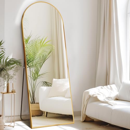 DUMOS 58"x19" Arched Full Length Mirror with Stand, Floor Standing Aluminum Frame, Shatter-Proof Nano Glass for Bedroom, Living Room, Cloakroom – Modern Simple Home Decor,Hanging or Leaning,Gold - color: Gold-rounded, size: 58"L x 19"W