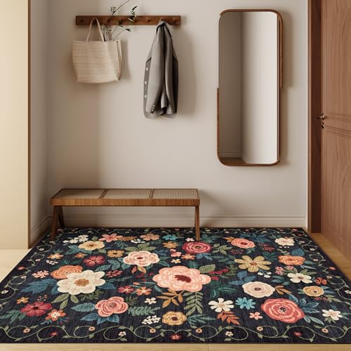 DUKINO 3x5 Area Rug, Floral Rugs for Living Room, Lightweight Non Slip Washable Rug, Indoor Low Pile & Non-Shedding Boho Design Rugs for Bedroom, Living Room, Dining Room, Black - color: Black, size: 3' x 5' (Rectangular)
