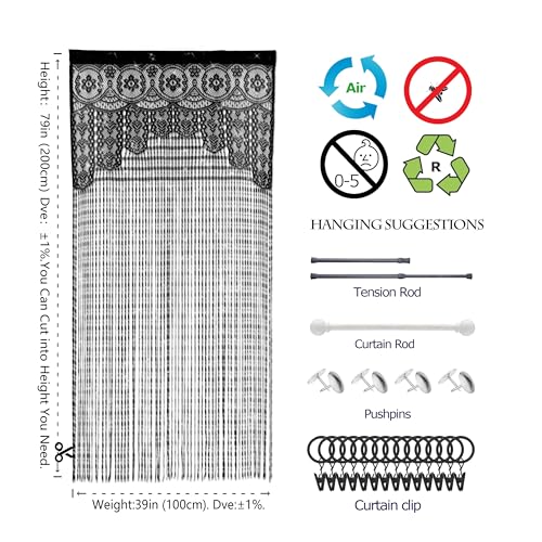 Lace Door String Curtain for Doorways，Bohemian Curtains Window Wall Closet Bedroom Kitchen Hippie Hanging Panels Boho Room Divider - color: Black, size: 39"W x 79"L (Pack of 2)