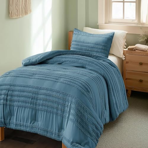 BEDELITE Boho Twin/Twin XL Comforter Set，Dusty Blue Tufted Striped Bed Set 2 Pieces, Soft Vintage Farmhouse Comforter for College, Boho Home Dorm Decor, Fluffy Jacquard Bedding with 1 Pillow Sham - color: Dusty Blue, size: Twin/Twin XL