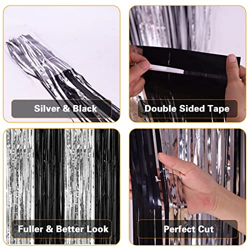 PIGETALE, 2 Pack 3.2 x 8.2 ft Black and Silver Foil Fringe Curtains Party Decorations, Sparkle Tinsel Curtain Photo Backdrop for Birthday Wedding Graduation Stream - color: Black and Silver